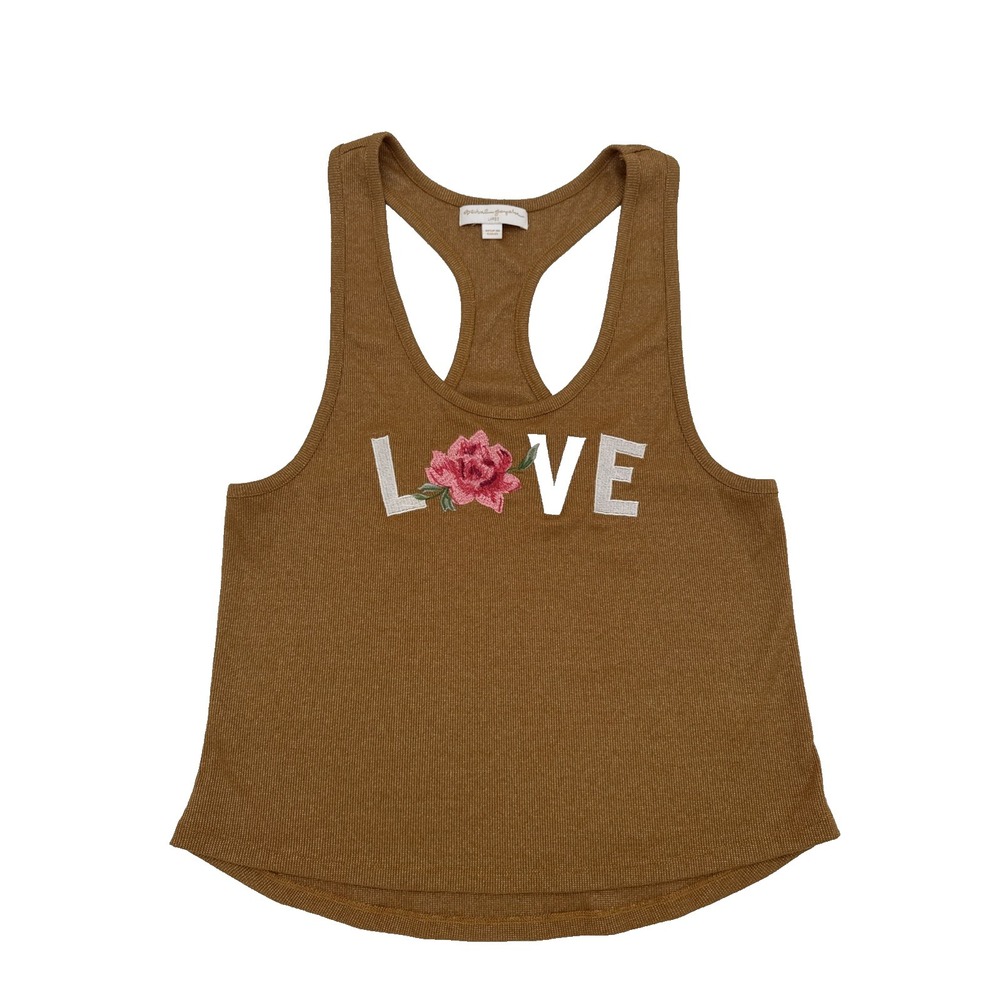 Racer back woman's tank gold sparkle embroidered rose LOVE Large BOHO flower